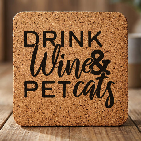 Square cork coaster laser engraved with "Drink Wine and Pet Cats"