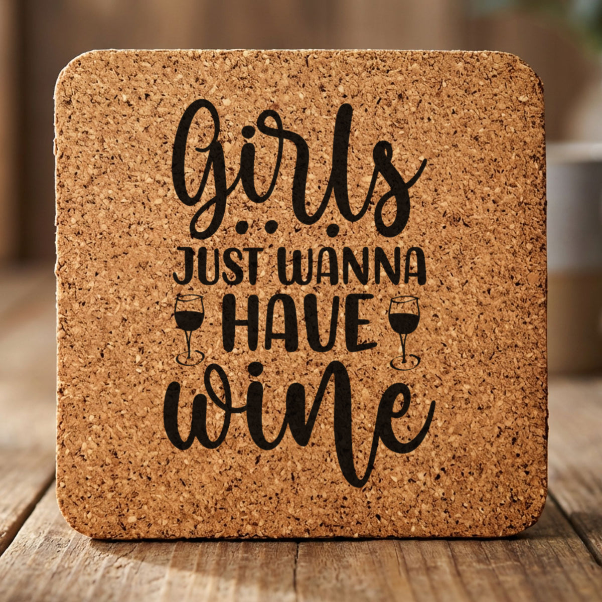 Square cork coaster laser engraved with "Girls Just Wanna Have Wine", classic design