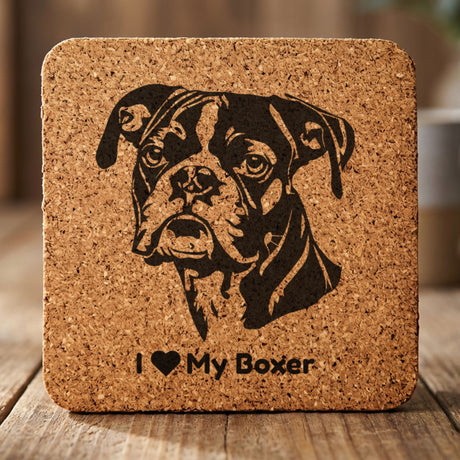 Square cork coaster laser engraved with a Boxer portrait and "I Love My Boxer"