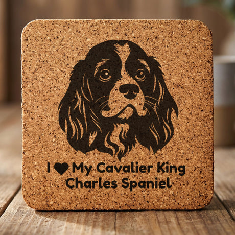 Square cork coaster laser engraved with a Cavalier King Charles Spaniel portrait and "I Love My Cavalier King Charles Spaniel"