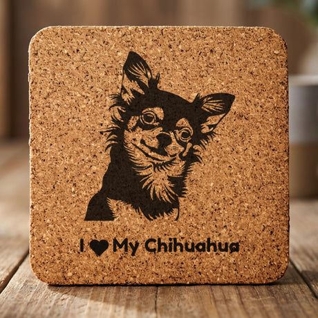 Square cork coaster laser engraved with a Chihuahua portrait and "I Love My Chihuahua"