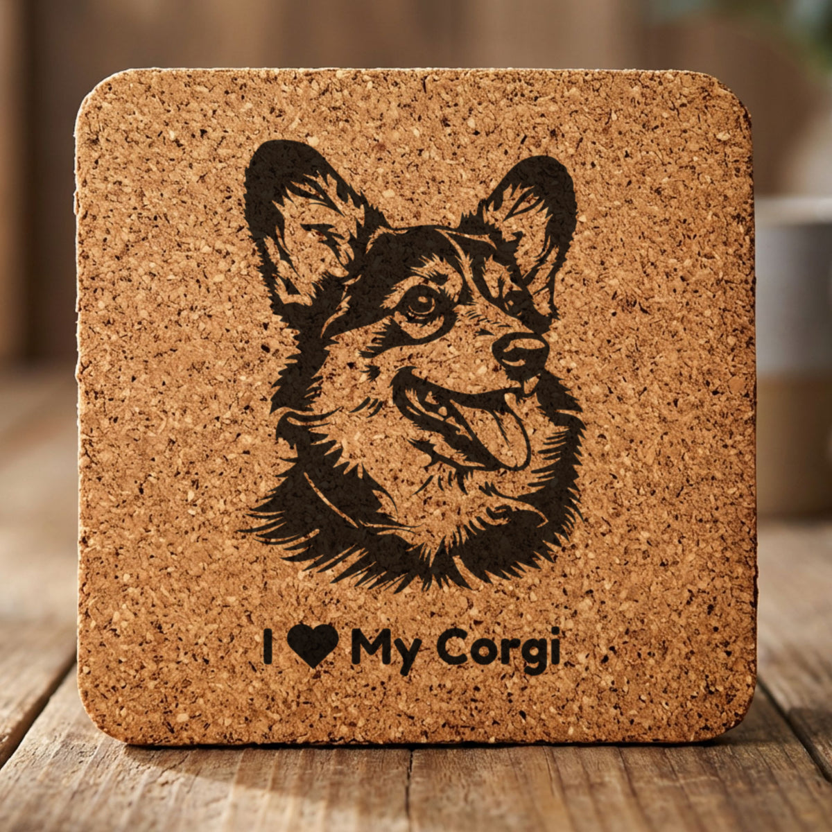 Square cork coaster laser engraved with a Corgi portrait and "I Love My Corgi"