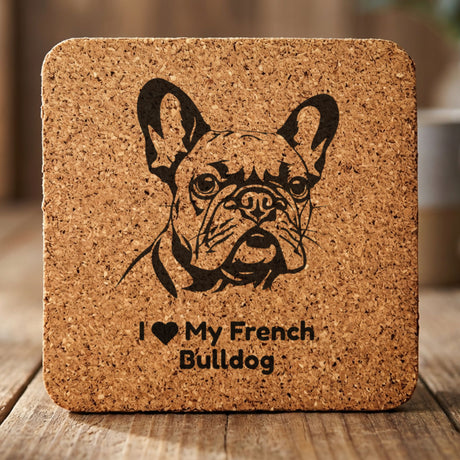 Square cork coaster laser engraved with a French Bulldog portrait and "I Love My French Bulldog"