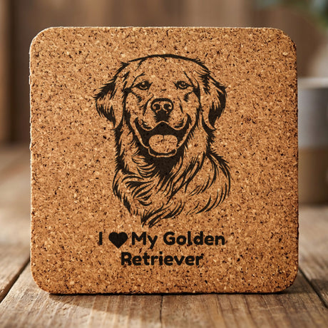 Square cork coaster laser engraved with a Golden Retriever portrait and "I Love My Golden Retriever"