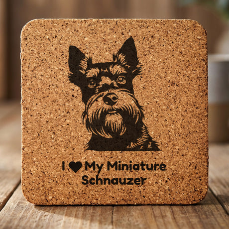 Square cork coaster laser engraved with a Miniature Schnauzer portrait and "I Love My Miniature Schnauzer"
