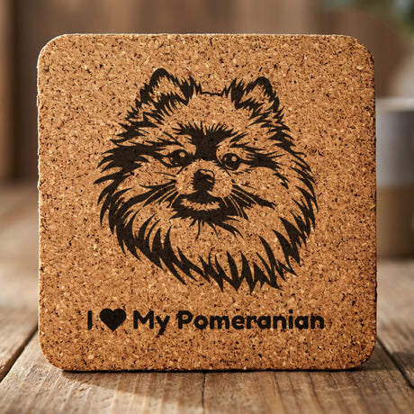 Square cork coaster laser engraved with a Pomeranian portrait and "I Love My Pomeranian"