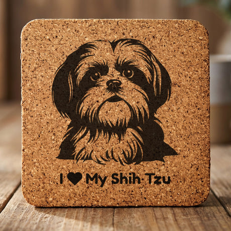 Square cork coaster laser engraved with a Shih Tzu portrait and "I Love My Shih Tzu"