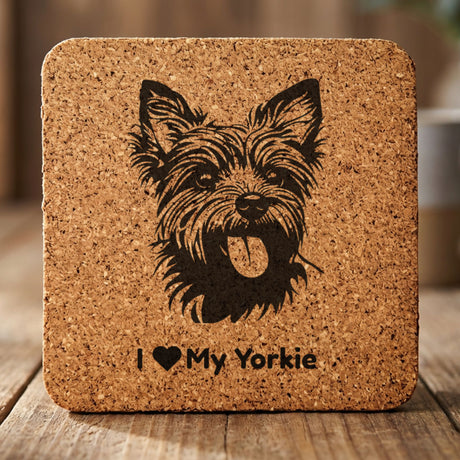 Square cork coaster laser engraved with a Yorkie portrait and "I Love My Yorkie"