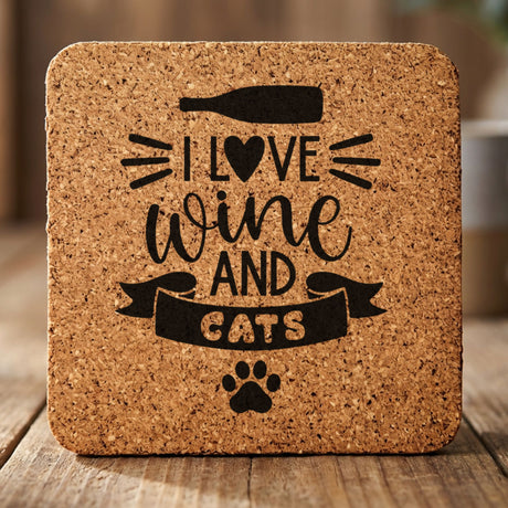 Square cork coaster laser engraved with "I Love Wine and Cats"