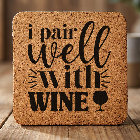 Square cork coaster laser engraved with "I Pair Well with Wine"