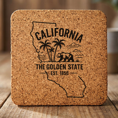 California square cork coaster engraved with the state outline, palm trees, the ocean and a grizzly bear, "The Golden State"