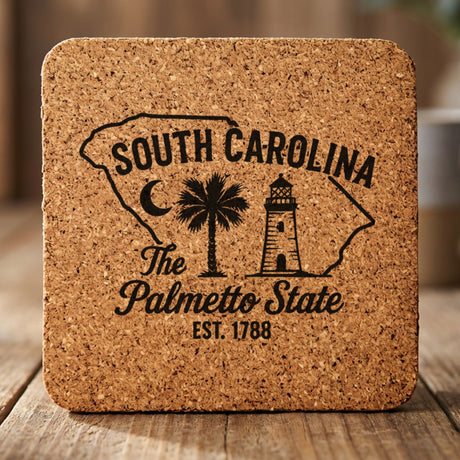 South Carolina square cork coaster engraved with the state outline, a crescent moon, a palmetto tree and a lighthouse, "The Palmetto State"