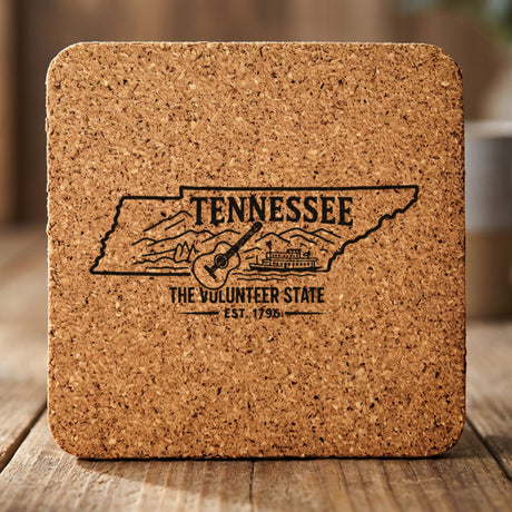 Tennessee square cork coaster engraved with the state outline, a guitar, a riverboat and the Smoky Mountains, "The Volunteer State"