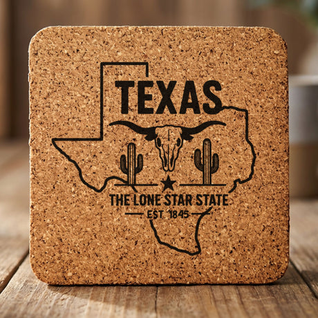Texas square cork coaster engraved with the state outline, a longhorn skull, cactus and a lone star, "The Lone Star State"
