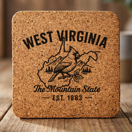 West Virginia square cork coaster engraved with the state outline, a cardinal, mountains and pines, "The Mountain State"