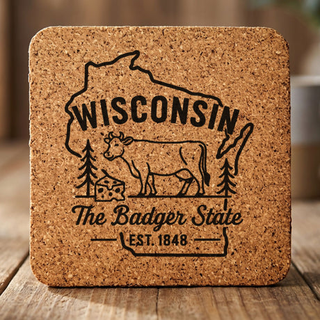 Wisconsin square cork coaster engraved with the state outline, a dairy cow and a wedge of cheese, "The Badger State"