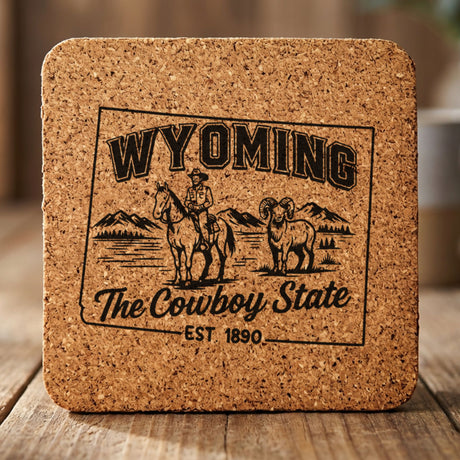 Wyoming square cork coaster engraved with the state outline, a cowboy on horseback, a bighorn sheep and mountains, "The Cowboy State"
