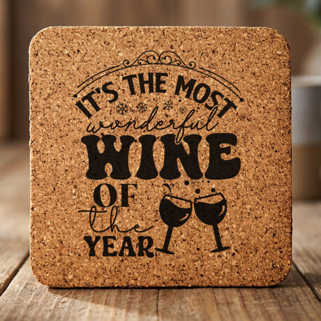 Square cork coaster laser engraved with "It's the Most Wonderful Wine of the Year"
