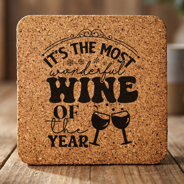 Square cork coaster laser engraved with "It's the Most Wonderful Wine of the Year"