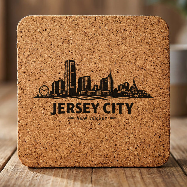 Square cork coaster laser engraved with the Jersey City, New Jersey skyline