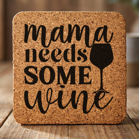 Square cork coaster laser engraved with "Mama Needs Some Wine"