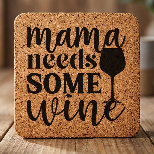 Square cork coaster laser engraved with "Mama Needs Some Wine"