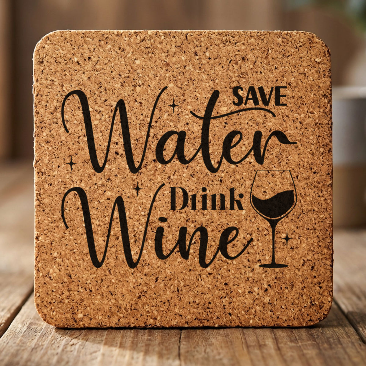 Square cork coaster laser engraved with "Save Water, Drink Wine", script design