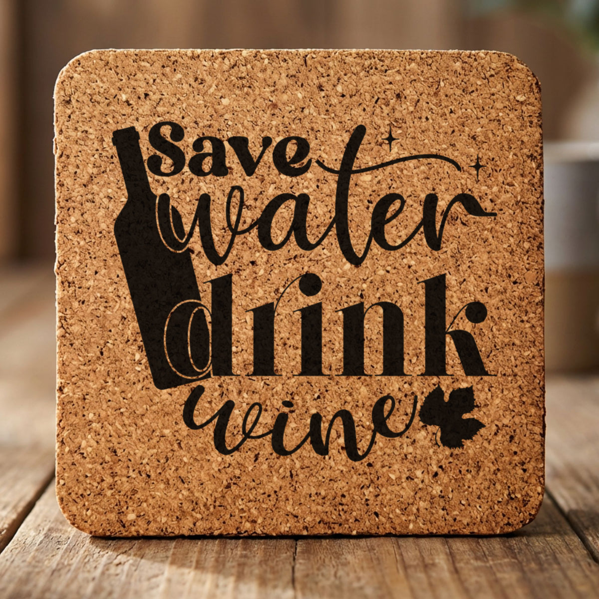 Square cork coaster laser engraved with "Save Water, Drink Wine", classic design