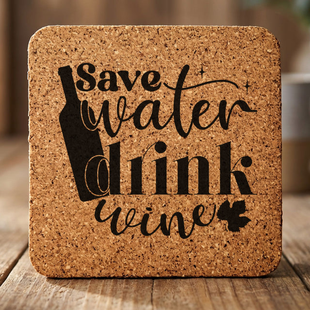 Square cork coaster laser engraved with "Save Water, Drink Wine", classic design
