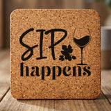 Square cork coaster laser engraved with "Sip Happens"
