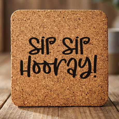 Square cork coaster laser engraved with "Sip Sip Hooray"