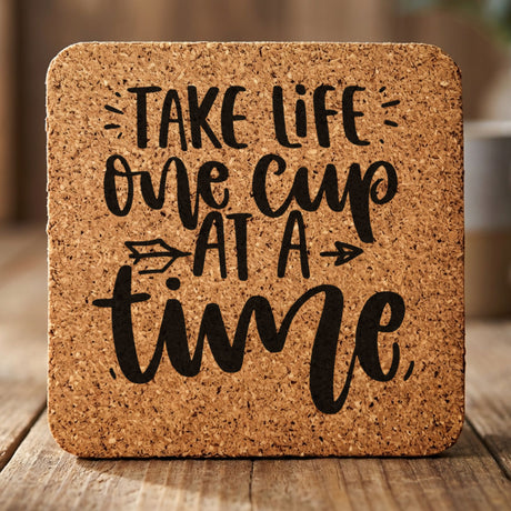 Square cork coaster laser engraved with "Take Life One Cup at a Time"