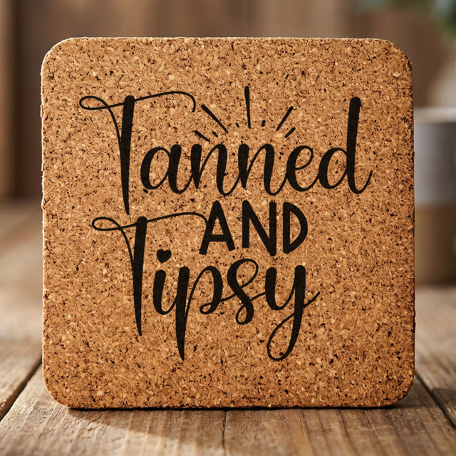 Square cork coaster laser engraved with "Tanned and Tipsy"