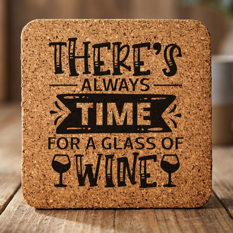 Square cork coaster laser engraved with "There's Always Time for a Glass of Wine"