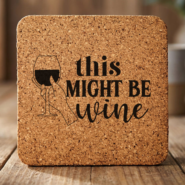 Square cork coaster laser engraved with "This Might Be Wine"
