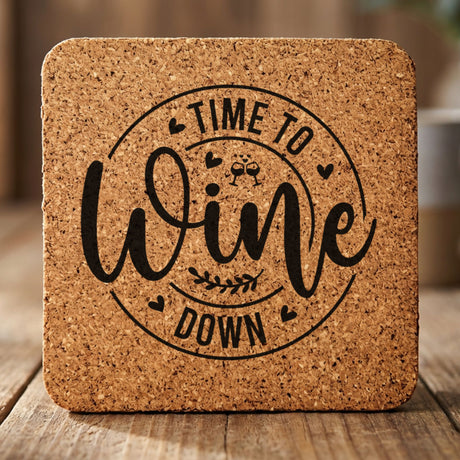 Square cork coaster laser engraved with "Time to Wine Down", round design