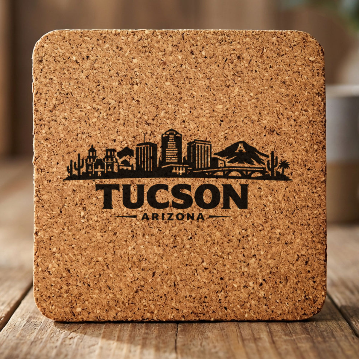Square cork coaster laser engraved with the Tucson, Arizona skyline