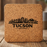 Square cork coaster laser engraved with the Tucson, Arizona skyline