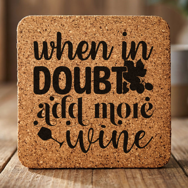 Square cork coaster laser engraved with "When in Doubt, Add More Wine", classic design