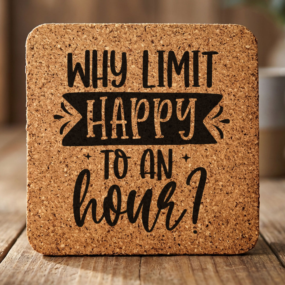 Square cork coaster laser engraved with "Why Limit Happy to an Hour?"