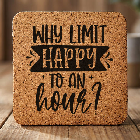 Square cork coaster laser engraved with "Why Limit Happy to an Hour?"