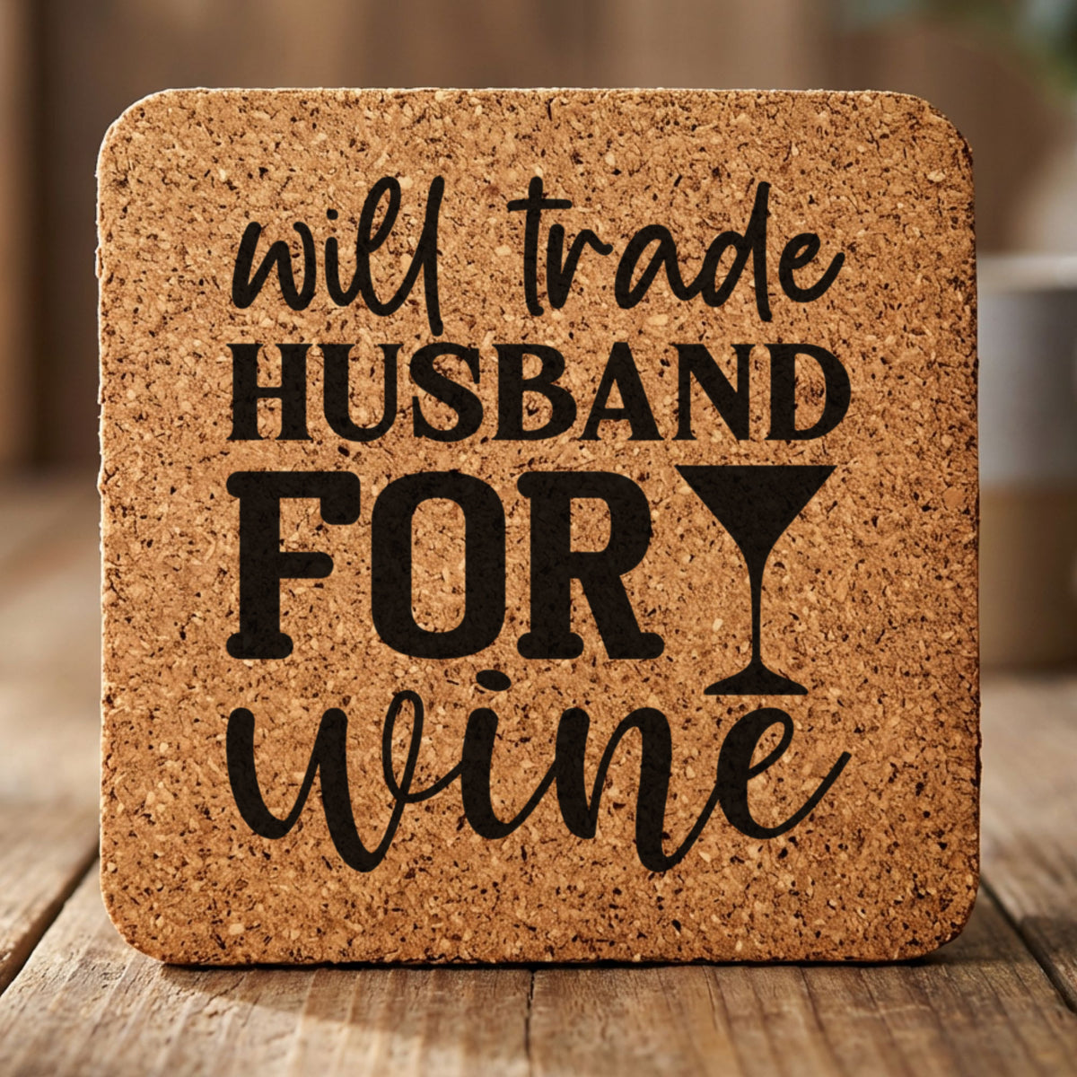 Square cork coaster laser engraved with "Will Trade Husband for Wine"