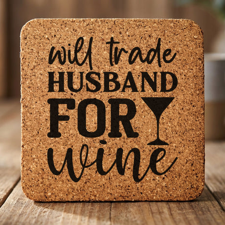 Square cork coaster laser engraved with "Will Trade Husband for Wine"