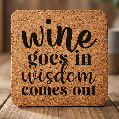 Square cork coaster laser engraved with "Wine Goes In, Wisdom Comes Out"