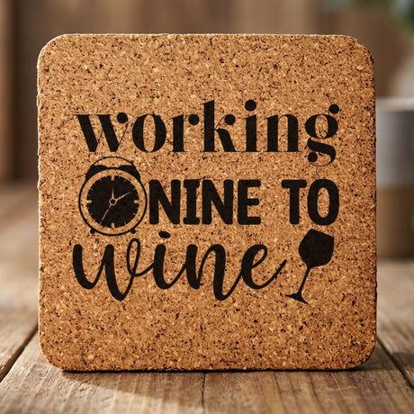 Square cork coaster laser engraved with "Working Nine to Wine"
