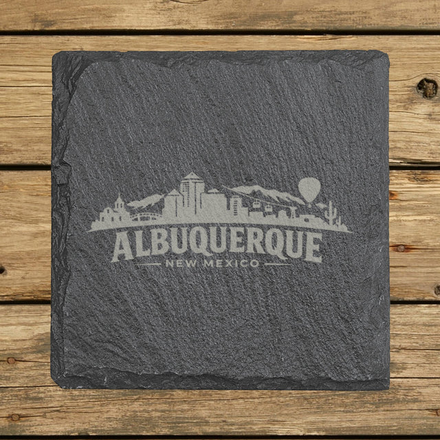 Square slate coaster laser engraved with the Albuquerque, New Mexico skyline