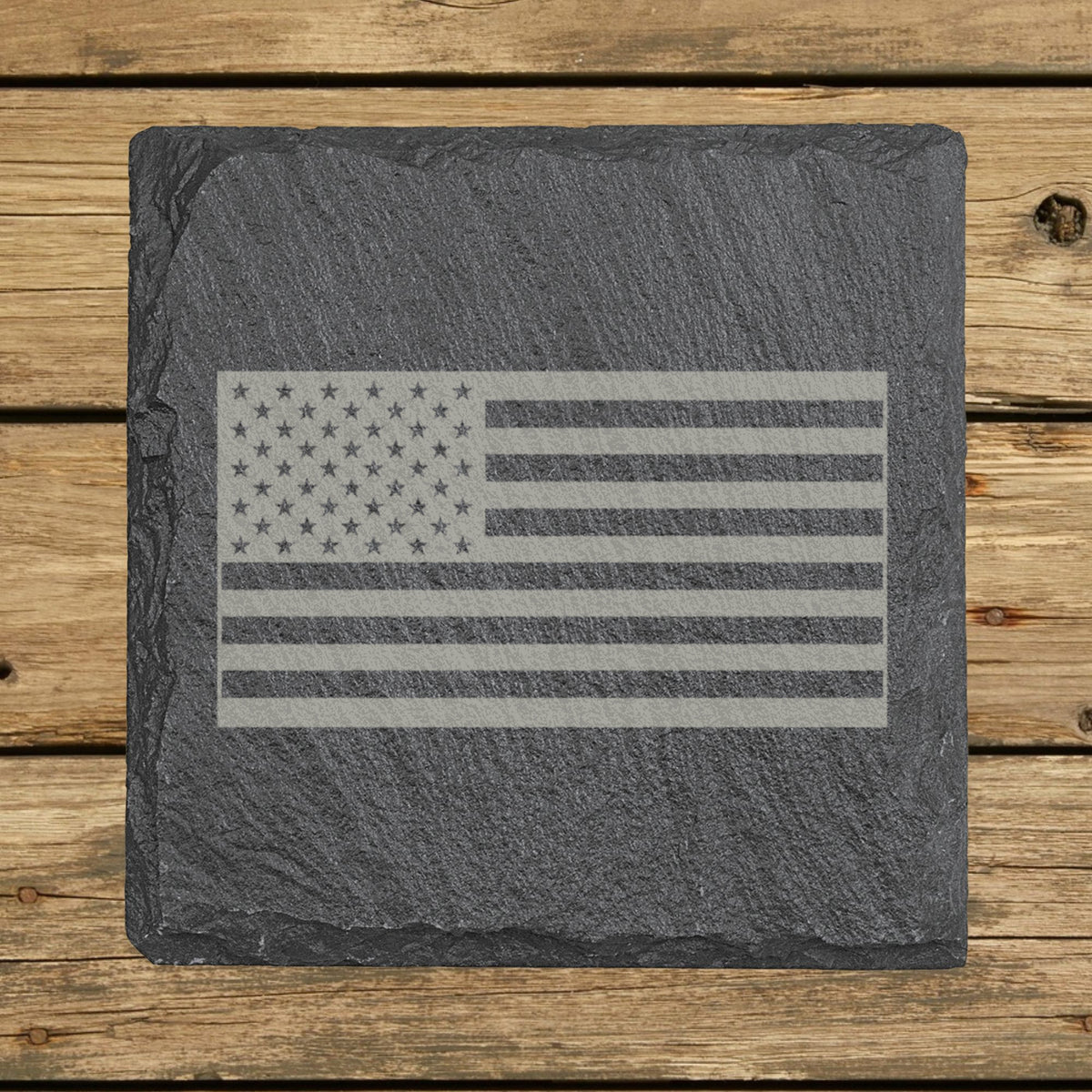 Square slate coaster laser engraved with an American flag, classic design
