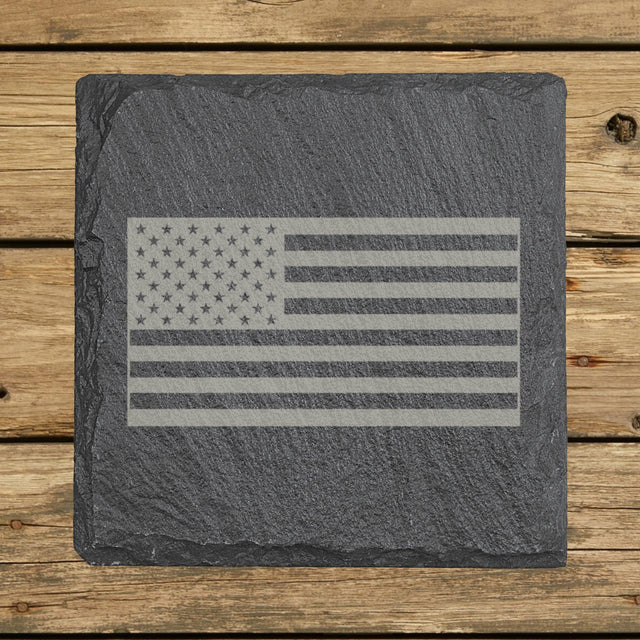 Square slate coaster laser engraved with an American flag, classic design