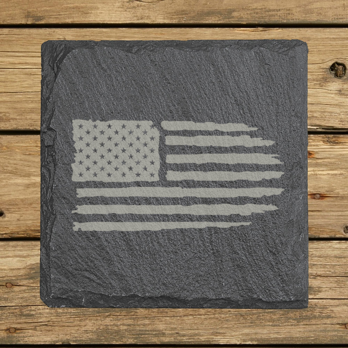 Square slate coaster laser engraved with an American flag, distressed design