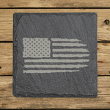 Square slate coaster laser engraved with an American flag, distressed design